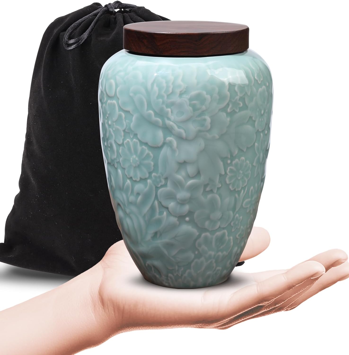 Medium Urns for Human Ashes Adult Female and Male,Decorative Floral Urn for Ashes for Women,Keepsake Ceramic Urns for Baby&pet,Holds Up to 50LBS(50Cubic inch)(Velvet Bag Included)