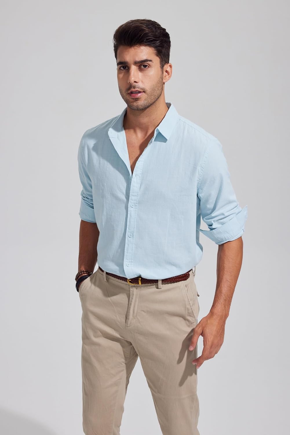 Mens Summer Casual Long Sleeve Cotton Linen Shirts Button Up Solid Plain Roll-Up Sleeve Beach T Shirts - Image 5