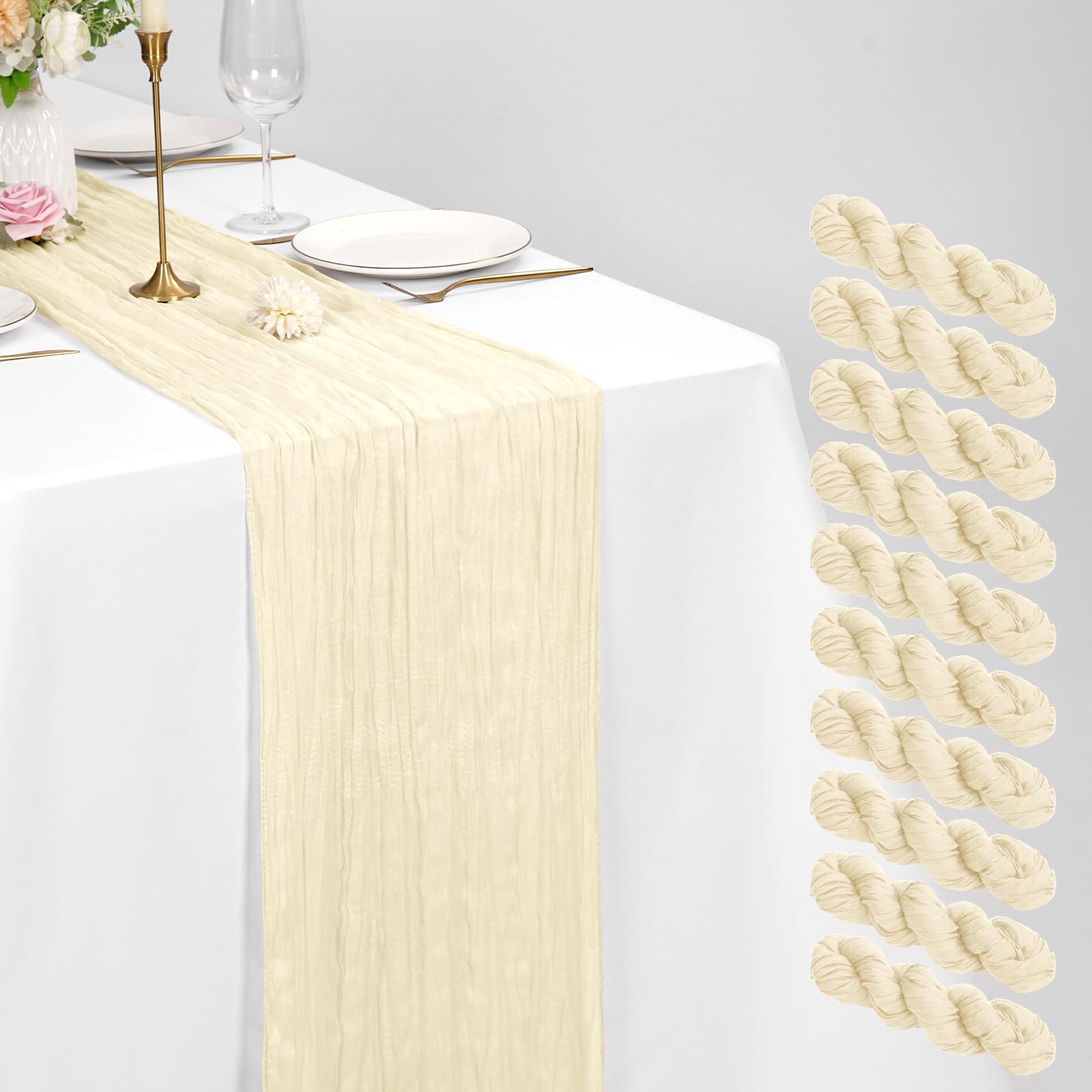 10 Pack Cheesecloth Table Runner Ivory 21 x 120 inch Rustic Boho Gauze Fabric Table Runner Romantic Long Cheesecloth Table Runner for Wedding, Festival, Anniversary, Dinner and Outdoor Events