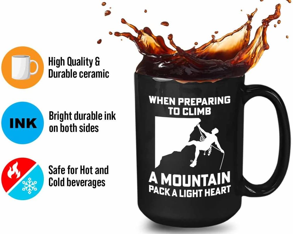 Bubble Hugs Mountain Climbing Coffee Mug 15oz Black - pack a light heart - Rock Climber Mountain Climbing Outdoor Activity Outdoorsmen Hiking Campfire