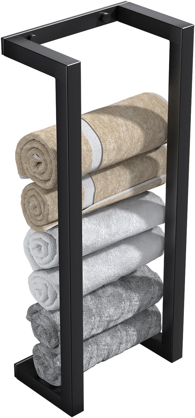 Towel Racks for Bathroom Rolled Towels,Small Vertical Towel Storage Rack for Bathroom,Premium Aluminum Matte Black Bath Towel Holder Wall Mounted,Easy to Install