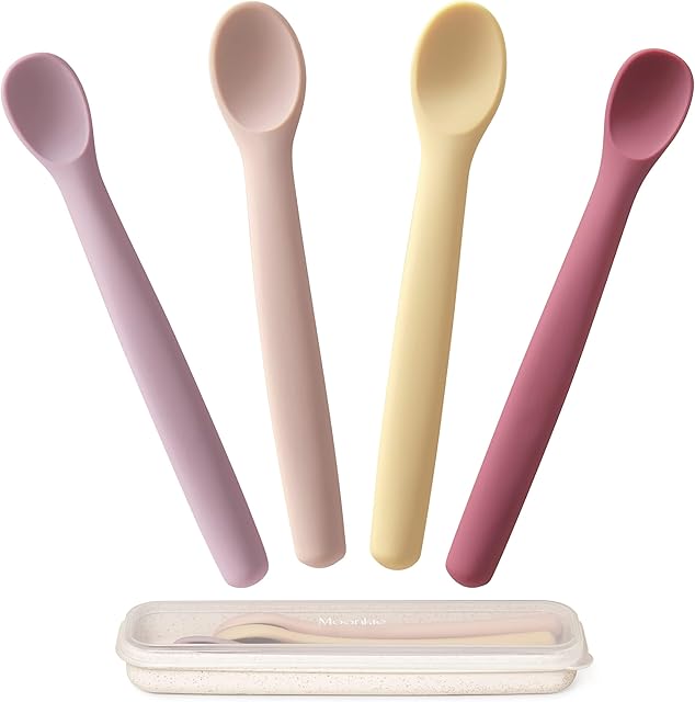 Moonkie Silicone Baby Spoons Set of 4, Soft-Tip Spoons for First Stage Infant Feeding, Bendable, Chewproof Baby Training Spoon Baby Utensils, Ideal for Self-Feeding and Baby Led Weaning
