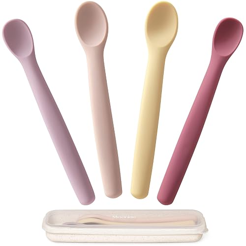 Moonkie Silicone Baby Spoons Set of 4, Two Sizes Feeding Spoon for First Stage 4+ Months, Baby Utensils with Case, Toddler Led Weaning Spoons, Bendable, Chewproof & Boil-Proof - Raspberry/Pale Mauve/Daffodil/Blush