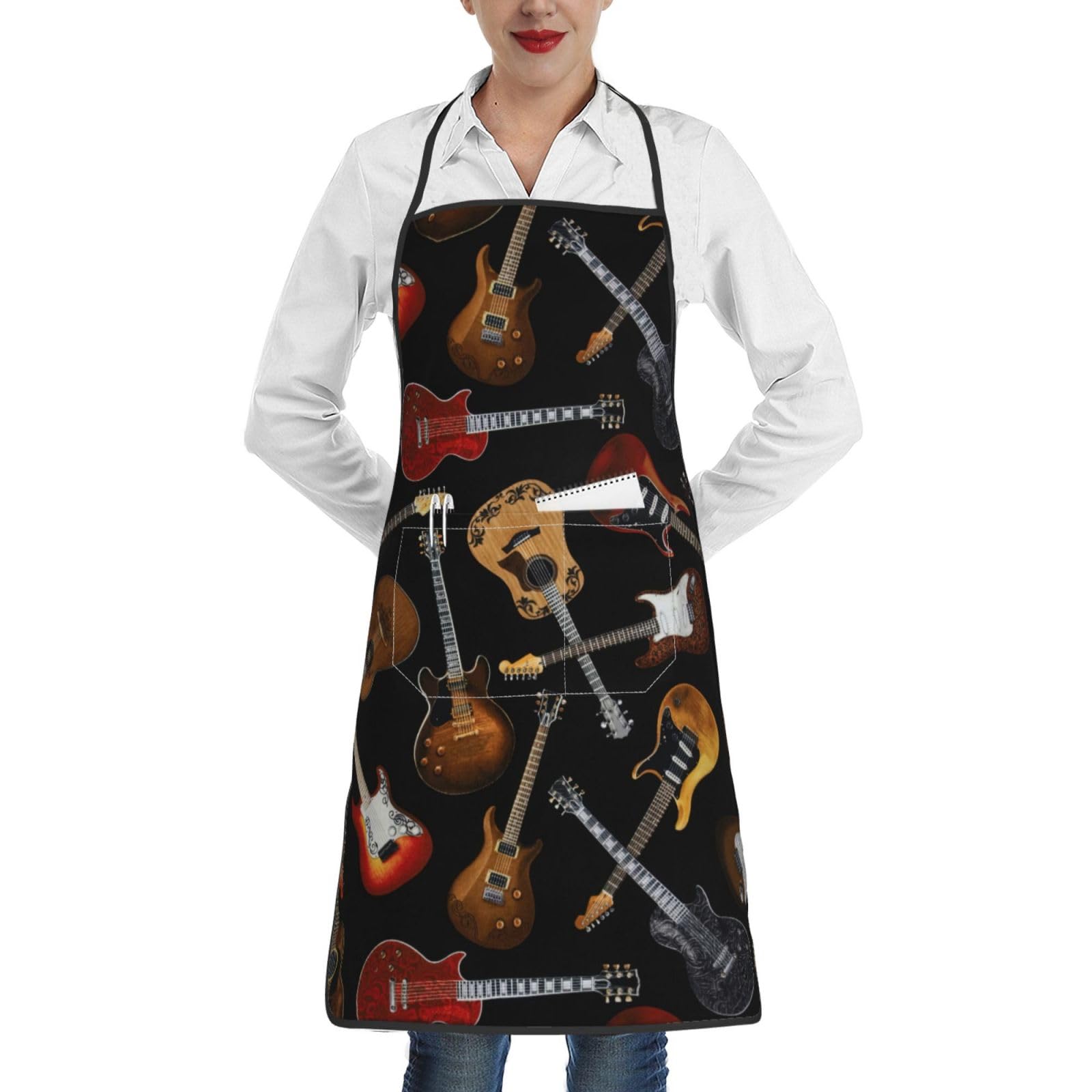 Longzehao Guitars Print Chef Pocket apron for Men and Women Professional Cooking,Water and Oil Resistant.