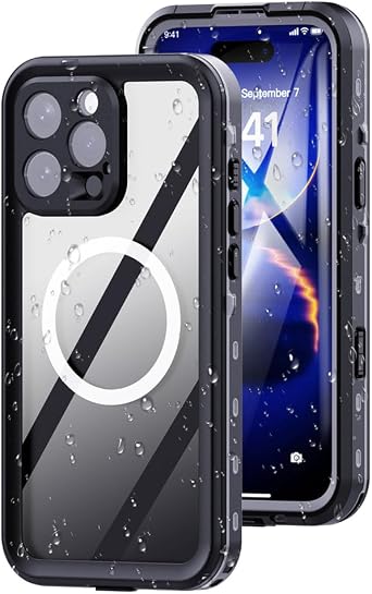Lunivop for iPhone 16 Pro Max Case 6.9 Waterproof Compatible with Magsafe IP68 Underwater Clear Magnetic Built-in Screen Protector Diving Swim Dustproof Shockproof Full Body Phone Cover Black