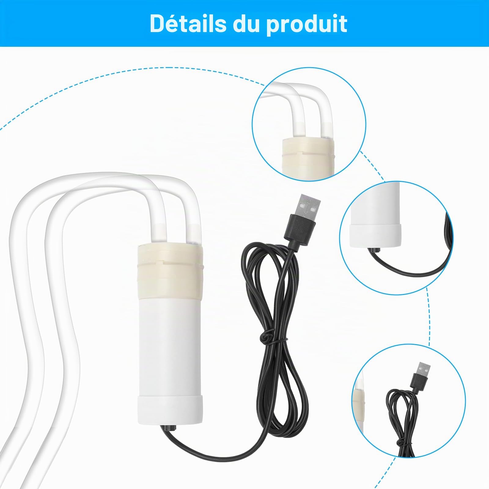 HENGBIRD Pompe à eau USB Mini DC Auto-amorçante – 5 V Petite Pompe Silencieuse avec Tuyau PVC 1 m & filtre en Pierre, Pompe de Circulation Portable pour Aquarium, Jardin, Camping