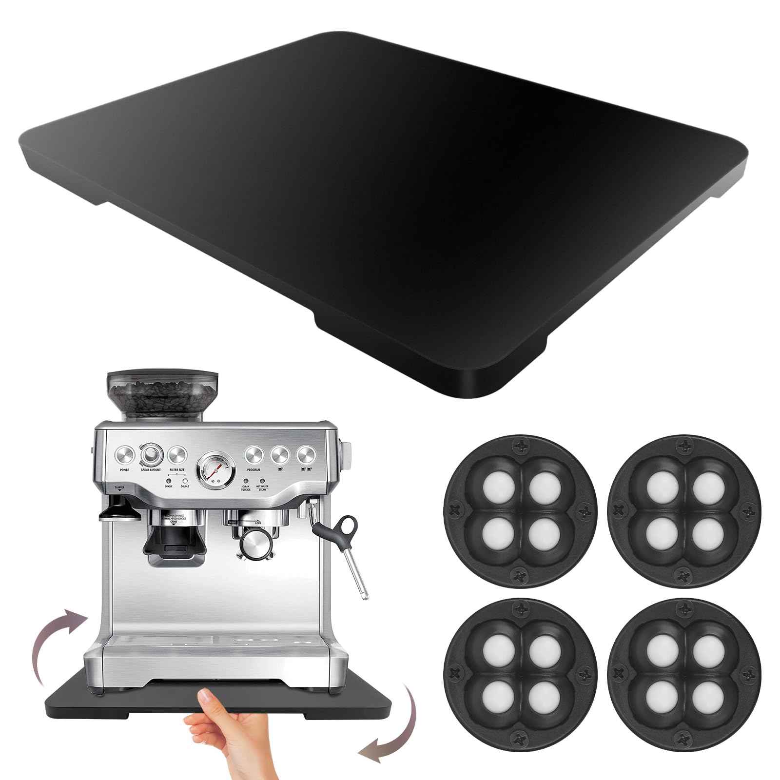 360° rolling tray bamboo appliance slider for kitchen appliances, for breville espresso machine accessories, sliding tray for coffee maker appliances mat easily from under the cabinet black 13"×15.7"