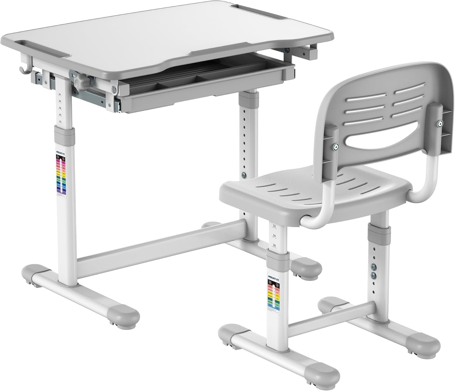 Mount-It! Kids Desk and Chair Set Height Adjustable up to 30" Ergonomic for School - Table and Chairs for Student 26" x 18" Tabletop with Pencil Drawer, 3-10 Age Children, Grey