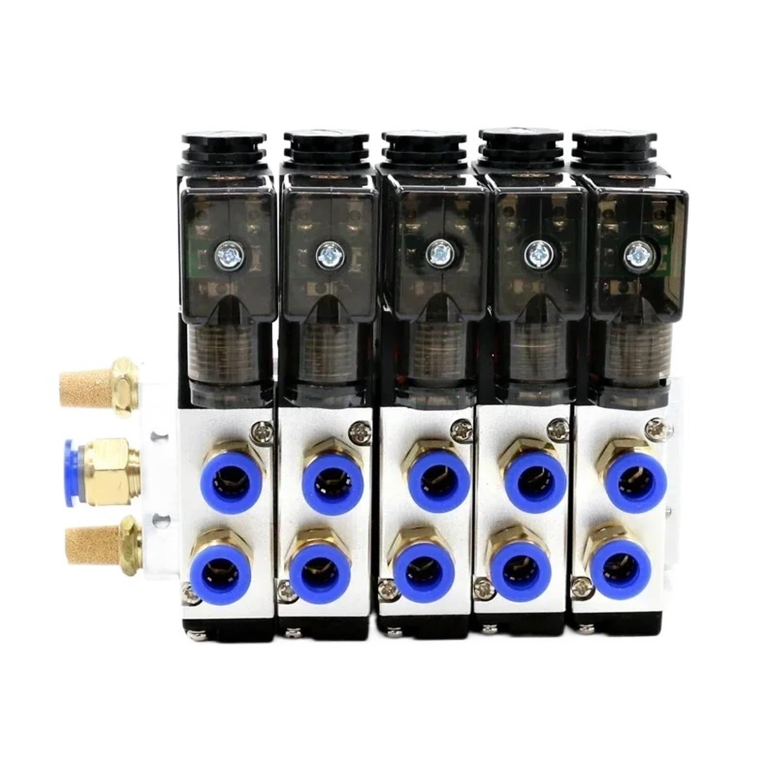 Bloque de electroválvula neumática multiusos 4V210-08 de 12/24 V CA y 110/220 V CA con silenciador y colector de base de 2/3/4/6 vías(2 Row 4mm fitting,DC24V)
