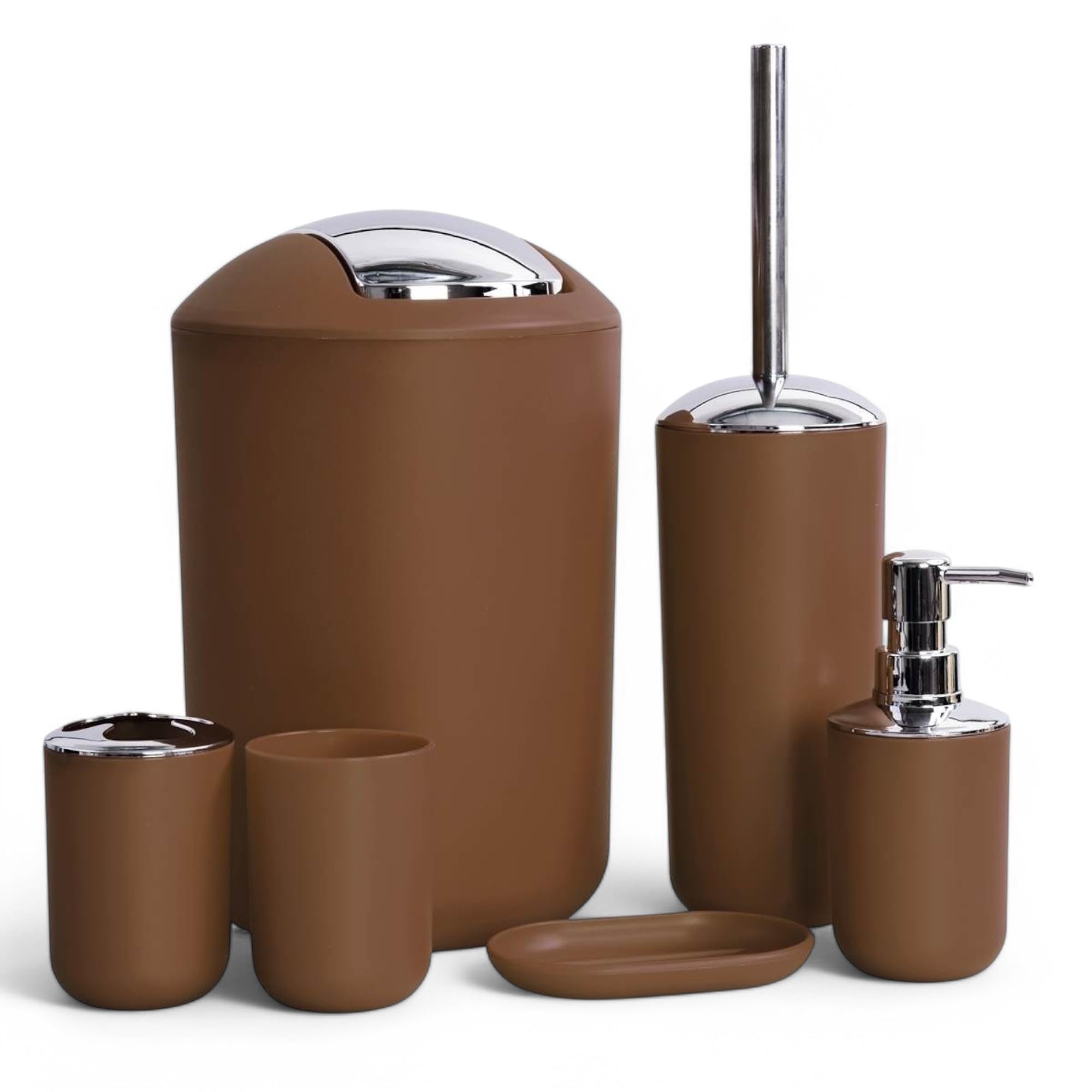 6tlg Badset Badezimmer Zubehör Set Organizer: Seifenspender, Zahnputzbecher, Kosmetikeimer, WC Bürste und Halter, Seifenschale, Mülleimer, Zahnbürstenhalter, Badgarnitur (Braun Design 2)