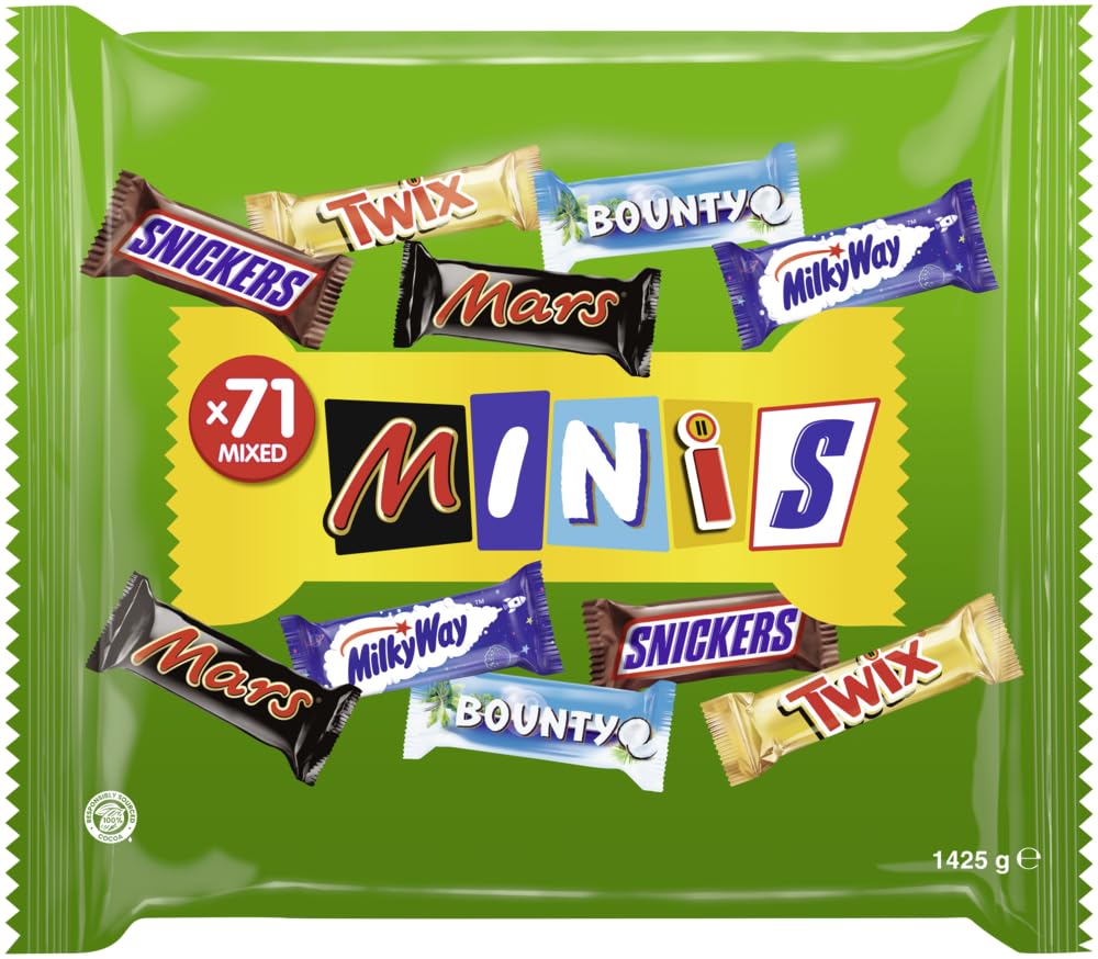 Mixed Minis Bulk Chocolate Bag, 71 Fun Size Chocolate Bars (Mars, Snickers, Bounty, Twix, Milky Way), Ideal for Easter and Ramdan, Gifting, Hampers, Sharing and Snacks (1425g).
