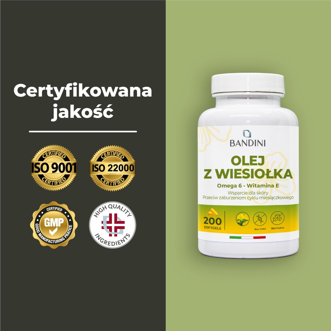 Bandini® Olej z wiesiołka 200 kapsułek żelowych 2000 mg - Przeciwutleniacz dla skóry, włosów i paznokci - Równowaga hormonalna, menopauza i przeciwdziała zaburzeniom cyklu miesiączkowego - Bez GMO