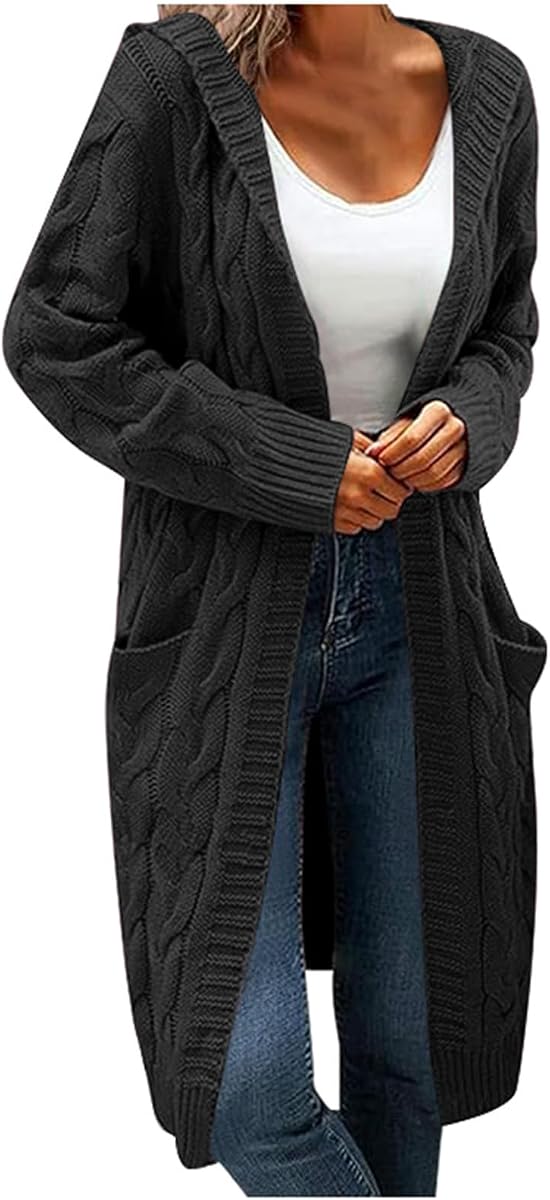 Long Sweater Cardigan Women with Hood Oversized Lightweight Cable Knit Sweaters Casual Open Front Long Sleeve Coats