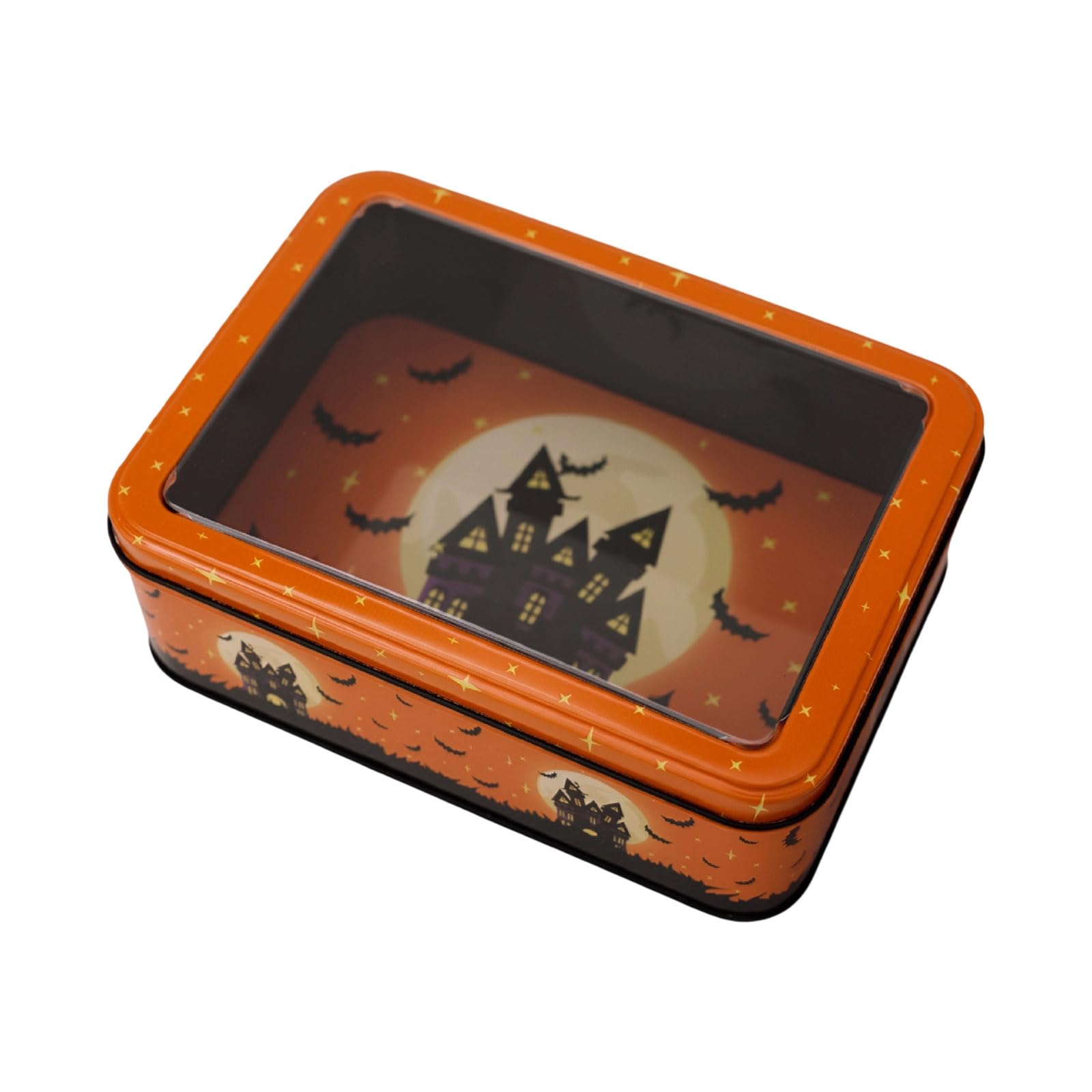 NMFLAB Halloween Clear Lid Tin Box for Candy Storage and Party Decorations Sturdy Metal Container with Clear Top Celebratory Party Supply Container