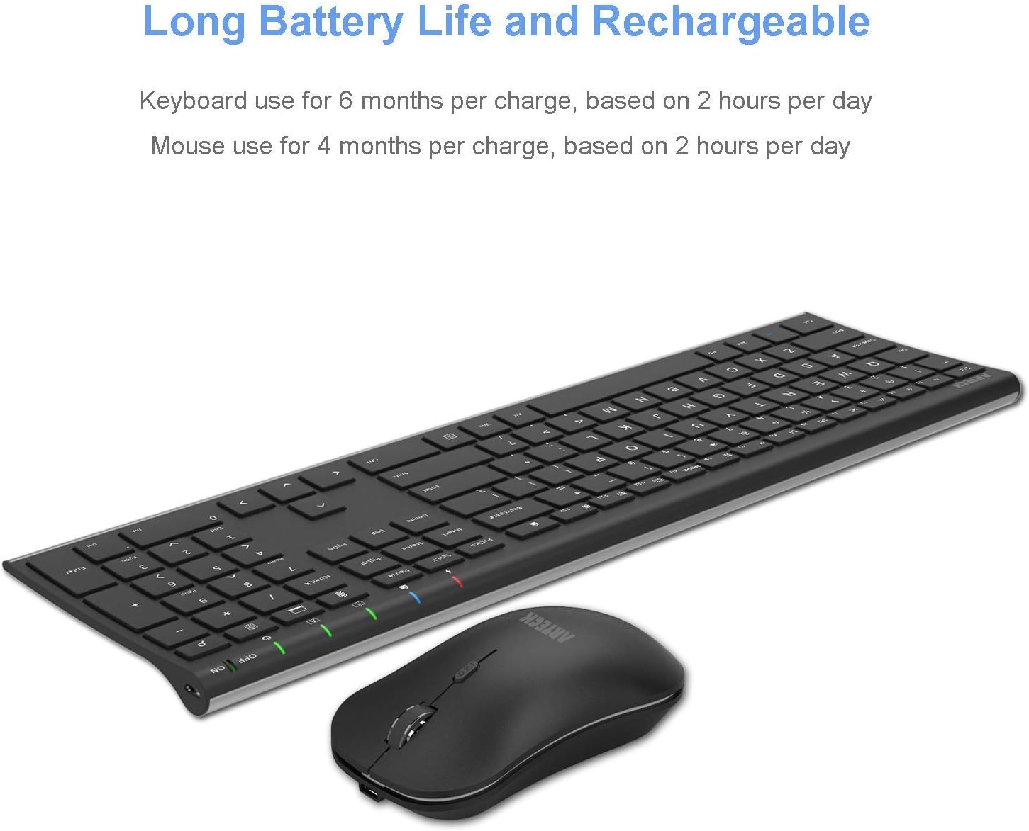 Arteck 2.4G Wireless Keyboard and Mouse Combo Stainless Steel Ultra Slim Full Size Keyboard and Ergonomic Mice for Computer Desktop PC Laptop and Windows 10/8/7 Build in Rechargeable Battery
