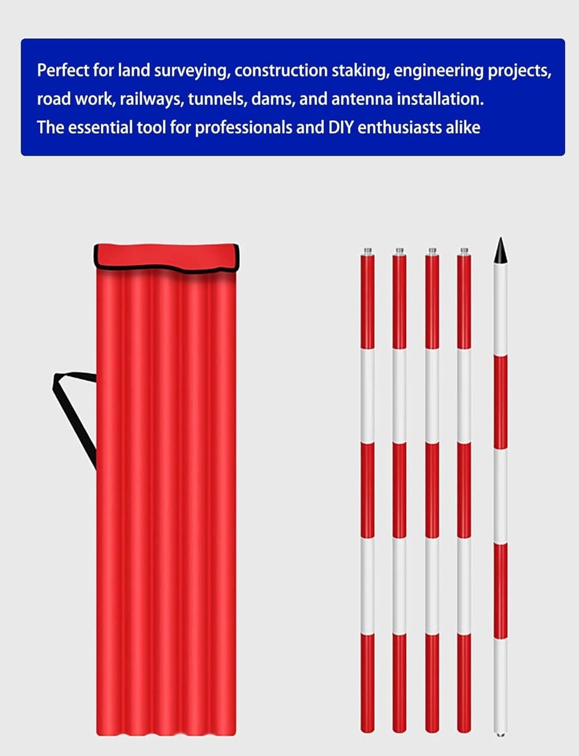Cinta métrica Ligera Varilla de Grado Resistente con Marcas de Escala Rojas/de Contraste for ingeniería de construcción topográfica | 2 meters/6.6 ft