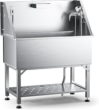 38" Dog Washing Station, Professional Stainless Steel Dog Grooming Tub Dogs Bathtub for Large & Medium Dogs, Height Adjustable Dog Bathing Station with Storage Basket, Faucet and Spray Head
