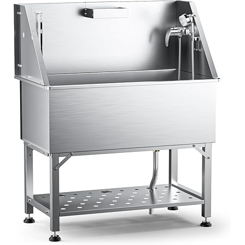 36" Dog Washing Station, Professional Stainless Steel Dog Grooming Tub Dogs Bathtub for Large & Medium Dogs, Height Adjustable Dog Bathing Station with Storage Basket, Faucet and Spray Head