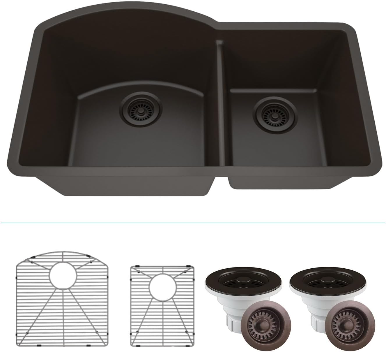 32" x 20" Quartz Kitchen Sink, 70/30 Double Bowl Kitchen Sinks, Drop in sink, Undermount Sink, Galaxy Mocha Kitchen Sink, Double Sink Kitchen, Grids, Strainer and Flange, Lexicon Platinum LP-7030-M