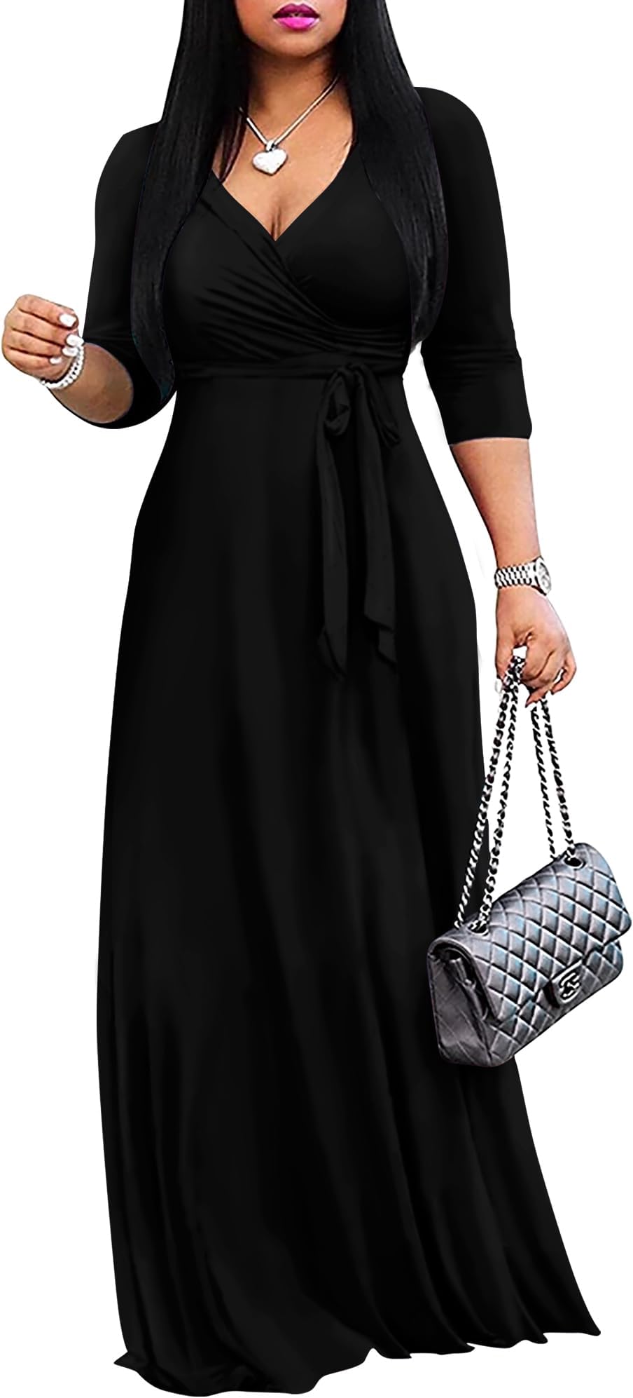 Women's 2026 Maxi Dress - Solid Color Bohemian Summer Long Maxi Dress V-Neck 3/4 Sleeve