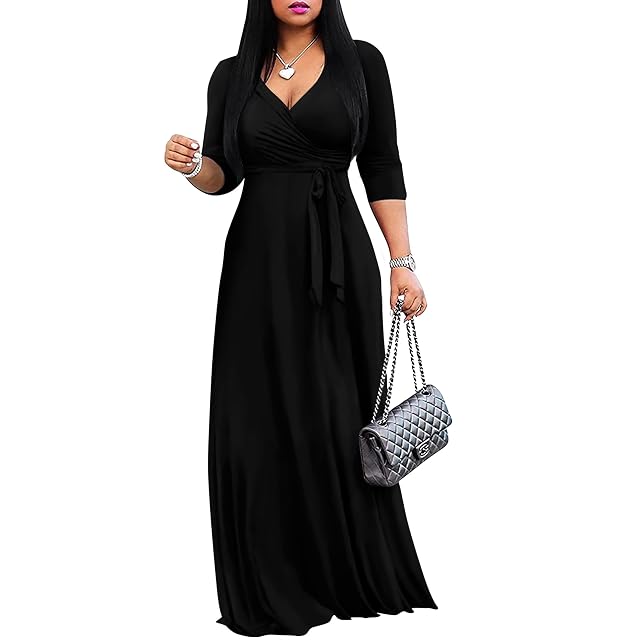 FANDEE Womens 2025 Maxi Dress - Solid Color Bohemian Summer Long Maxi Dress V-Neck 3 4 Sleeve