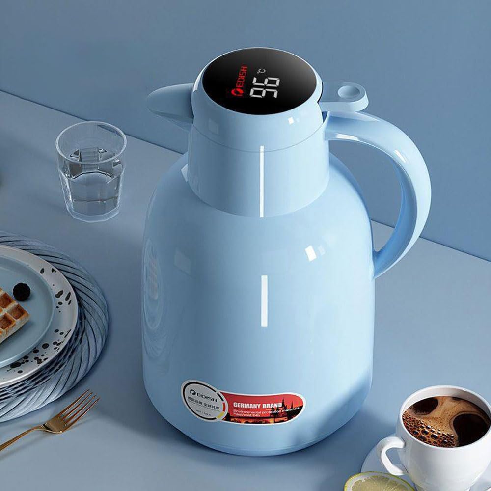 Termiczna karafka do kawy 1,5 l – 24 godziny zatrzymywania ciepła, wskaźnik temperatury, szklana wkładka z pokrywką na gorącą herbatę, kawę – dzbanek termiczny premium