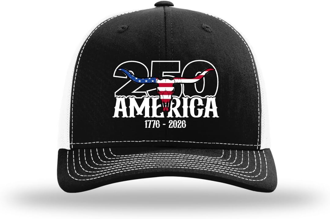 Trenz Shirt Company Men's Patriotic USA Flag Filled Bull Skull 250th Anniversary Men's Embroidered Mesh Back Trucker Hat