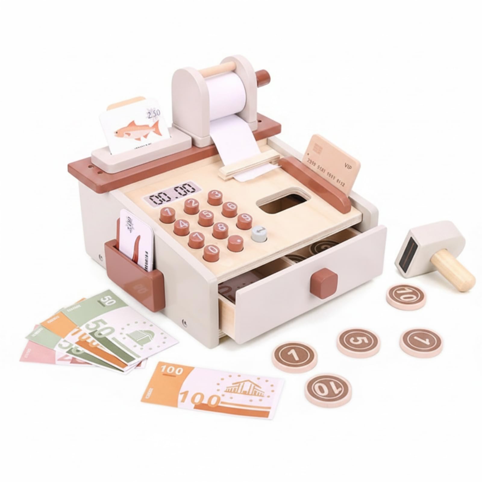 Cassa Giocattolo Bambini Cassa Registratrice Gioco Registratore Finto Set Supermercato Educativo in Legno con Cassetto Tasti Display Rullo Scontrino