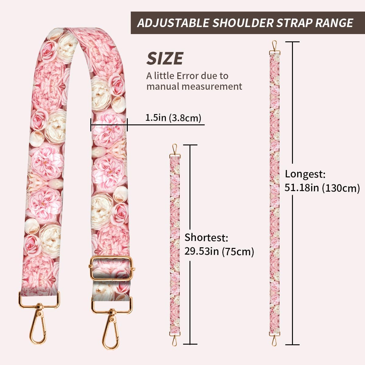 Purse Strap Replacement Crossbody, 3.8cm Wide Shoulder Strap Adjustable Replacement Belt Gold Buckle, Handbag Crossbody Bag Strap Cute Pink Flowers - Image 4