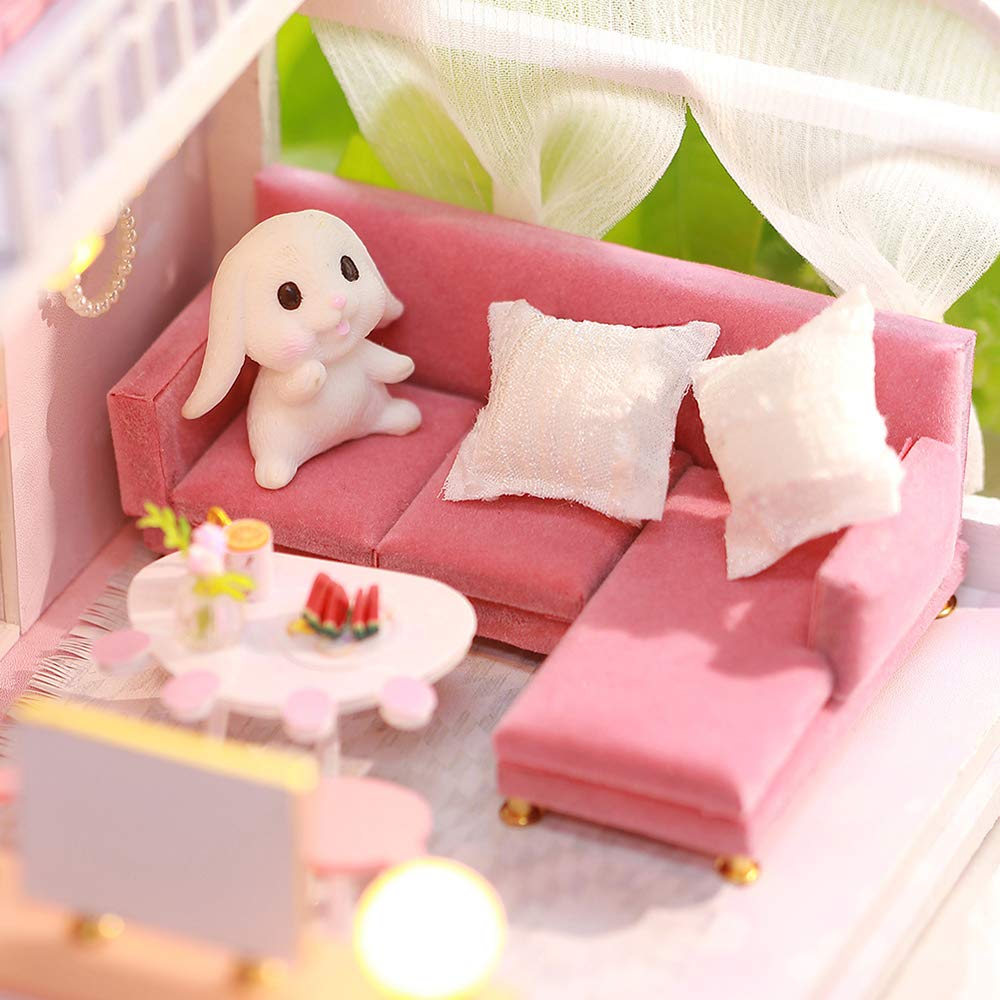 Miniaturowy Domek dla Lalek z Meblami, Drewniany Domek dla Lalek 3D DIY ze światłami LED dla przyjaciół Rodziny Dzieci (z osłoną przeciwpyłową)