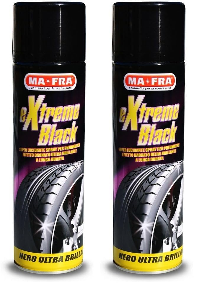 Mafra, Extreme Black, Spray Negro Para Neumáticos Ultrabrillante, con Efecto Mojado, Previene el Agrietamiento, Resistente a La Lluvia y al Lavado Frecuente, Tamaño 500 ml (Paquete de 2)