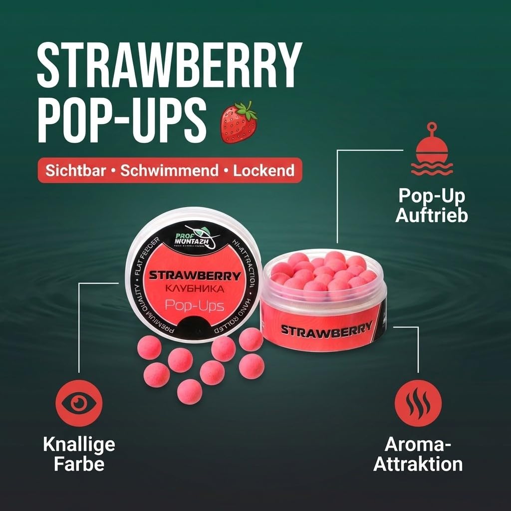 Generisch Bouillettes pop-ups pour la pêche à la carpe - Fraise - 10 mm - Accessoire de pêche - Boîte de 30 g