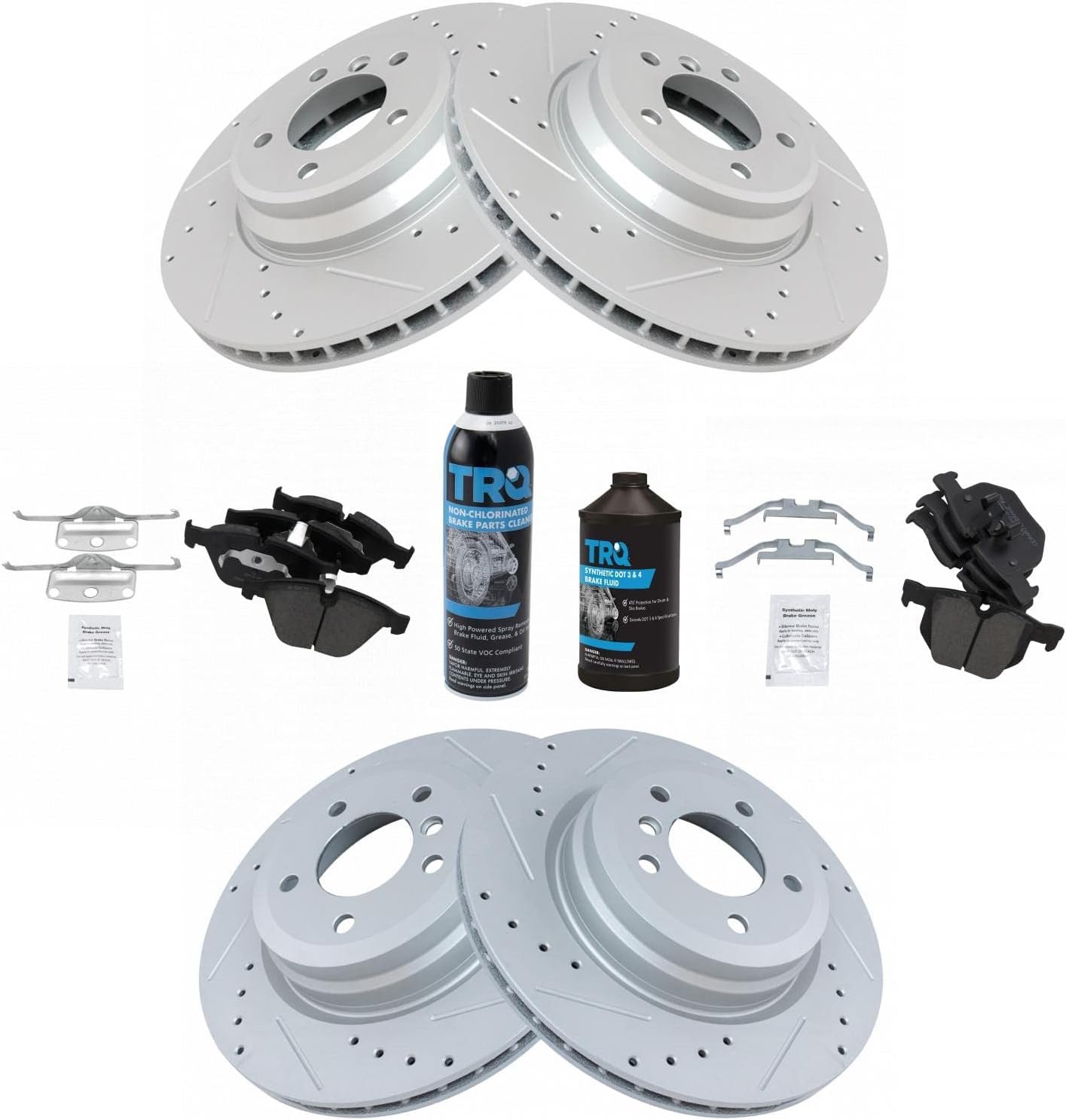 TRQ Front and Rear Performance Brake Pad & Rotor Kit Brake Chemical Kit Brake Pads Brake Rotors Set Ceramic Premium G-Coated Compatible with 2009-2011 BMW 335d 2007-2013 335i 2009-2013 335i xDrive