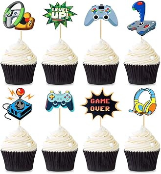 Video Game Cupcake Toppers,24 PCS Gamer Birthday Party Decorations,Kids Boys Girls Birthday Anniversary Party Decorations Supplies