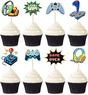 Video Game Cupcake Toppers,24 PCS Gamer Birthday Party Decorations,Kids Boys Girls Birthday Anniversary Party Decorations Supplies