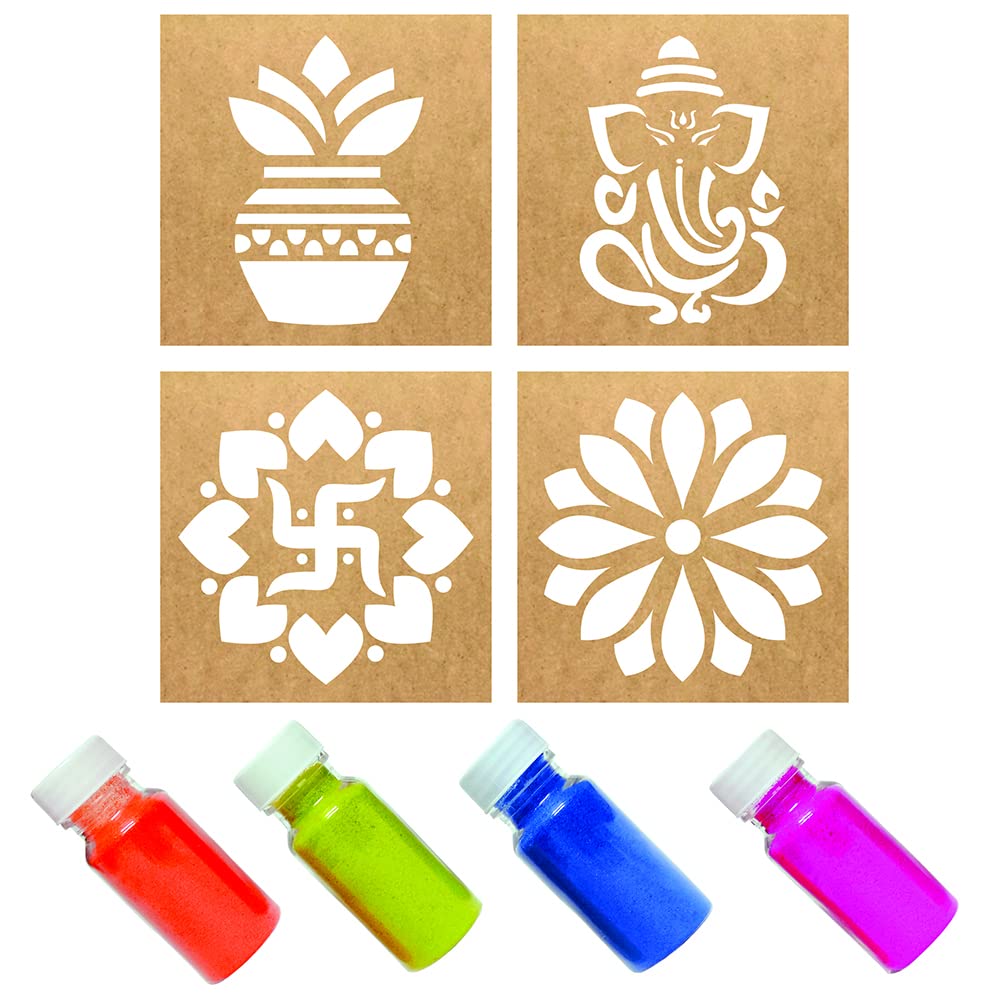 MustHaves Wooden Rangoli Stencils with Color Rangoli Making Kit with Rangoli Colour for Diwali Decoration (Stencils 4 pcs-6x6 inches, Rangoli-4 Colors, Total 100gm) (WSC-76R) (B0BFCJZS23) Amazon Price History, Amazon Price Tracker