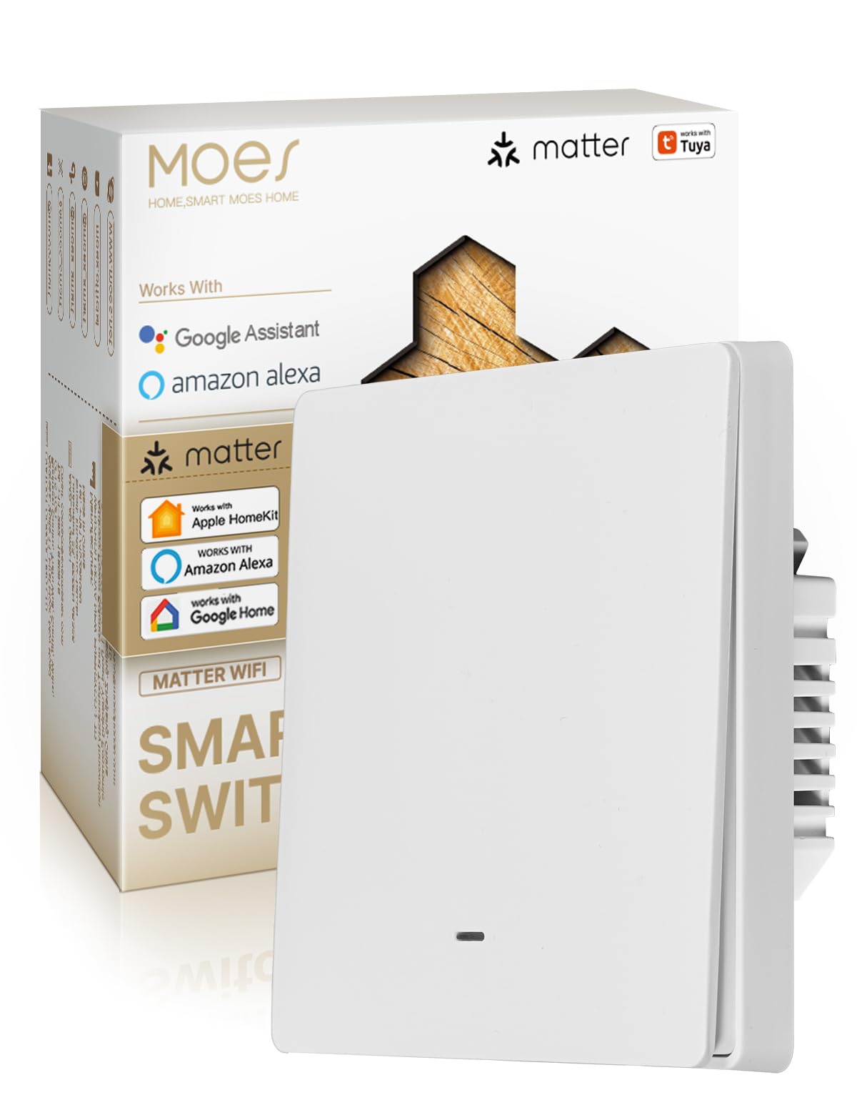 MOES Interruptor Inteligente Matter, WiFi Interruptor de Sincronización Bidireccional, Cable Neutro Requerido, Compatible con Alexa/Apple Home/Google Home/SmartThings/APP Tuya, 1 Gang