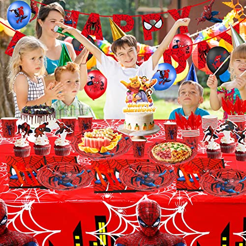 Spider Birthday Decorations, Superhero Spider Party Supplis Include Plates Napkins Cups Tablecloth Hanging Swirls Garland For Banner, Kids Birthday Party Supplies #TOP6