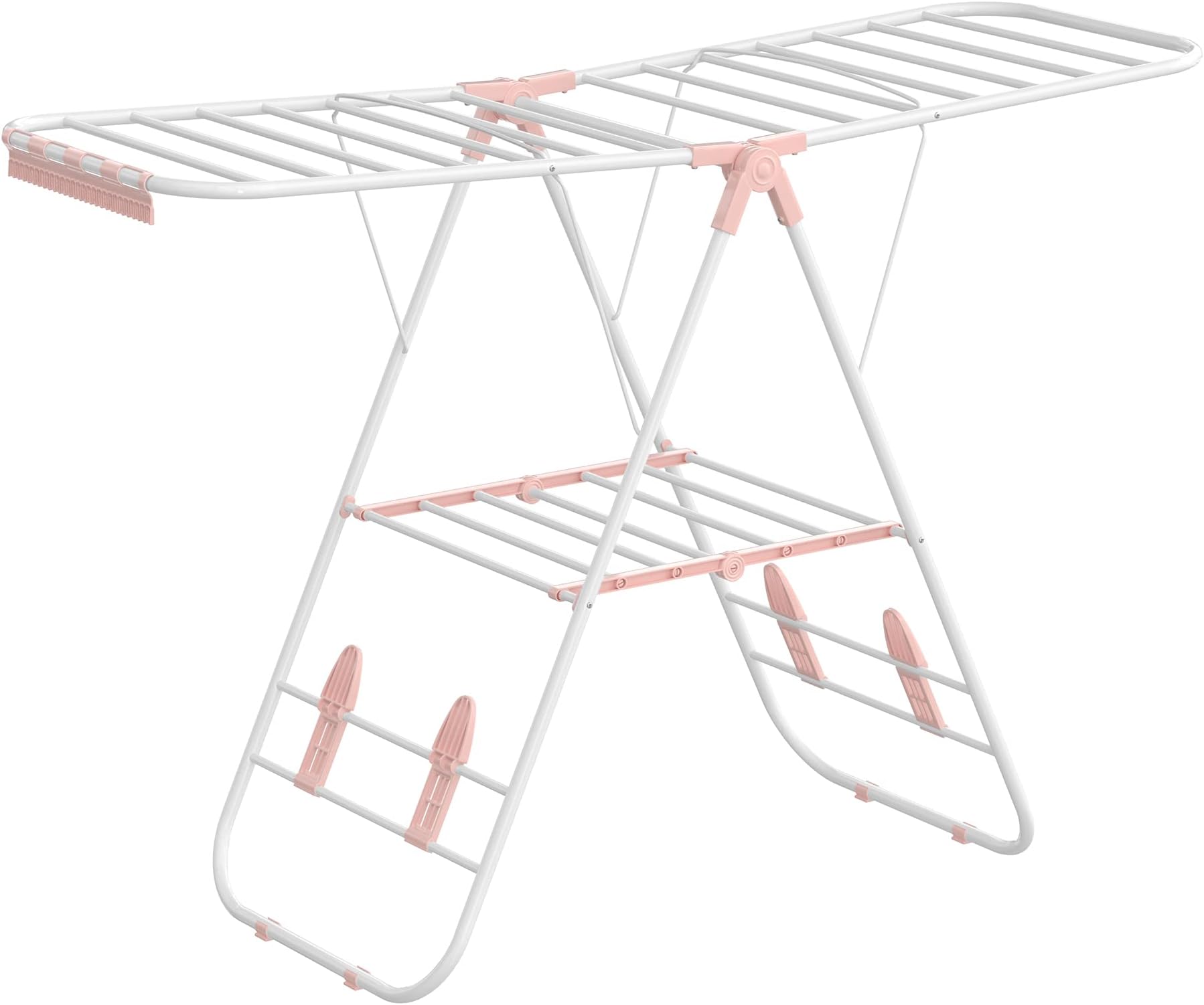 SONGMICS Clothes Airer, Foldable Clothes Drying Rack, Clothes Horse with Height-Adjustable Wings, Free-Standing Laundry Drying Rack, Indoor and Outdoor Use, Steel, White and Pink LLR502P01