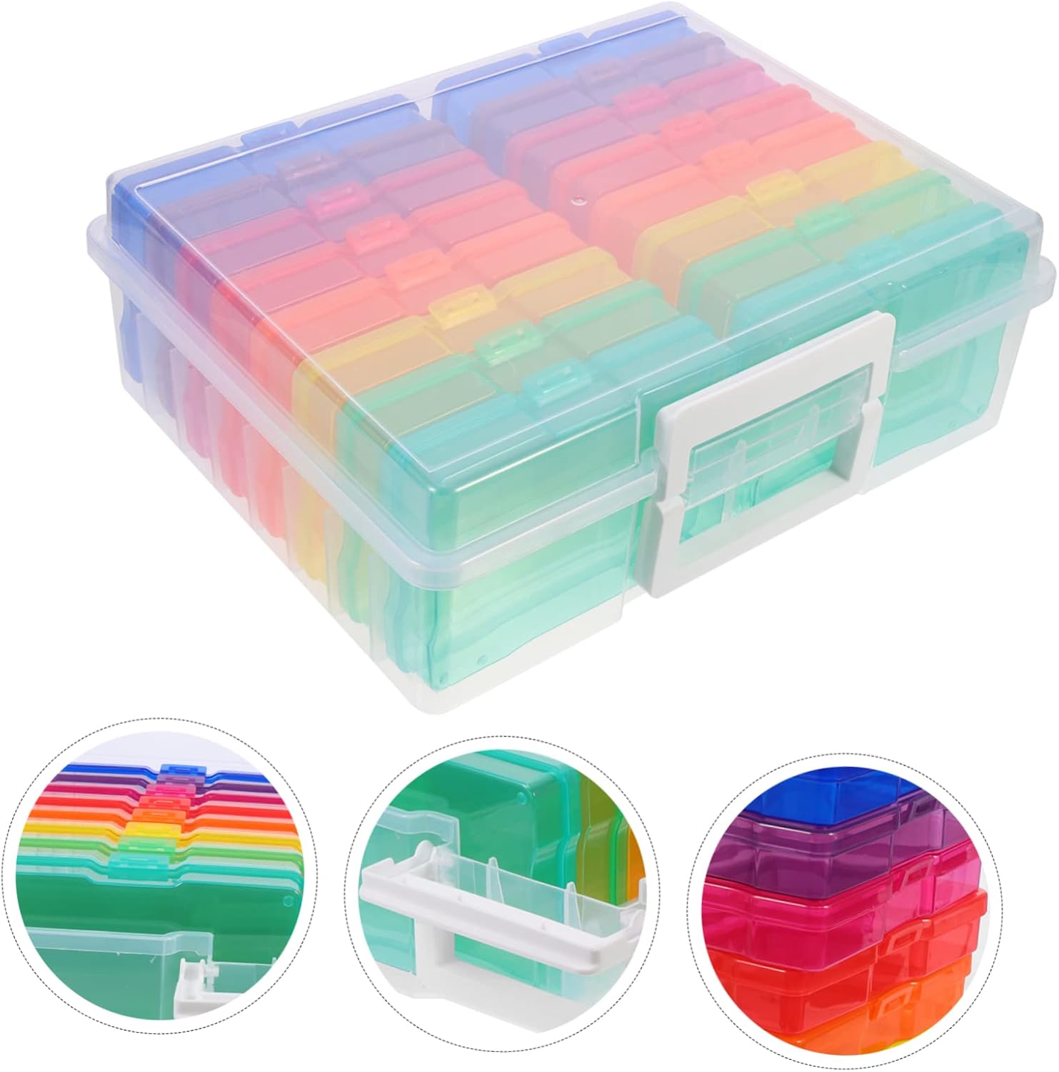 16-Compartment 4x6 Photo Storage Box Multi-functional Organizer Handle for Photos Greeting Cards and Jewelry Colorful Plastic Case for Convenient Transport and Organization