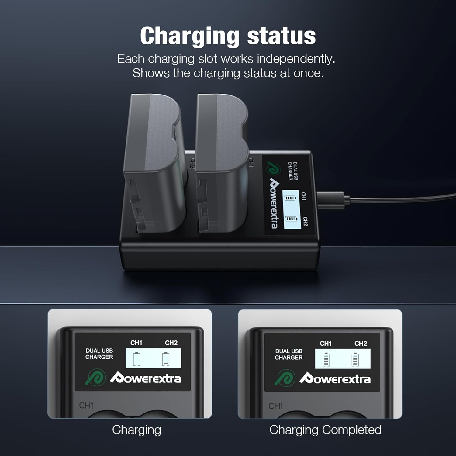 LCD display showing charging status of batteries