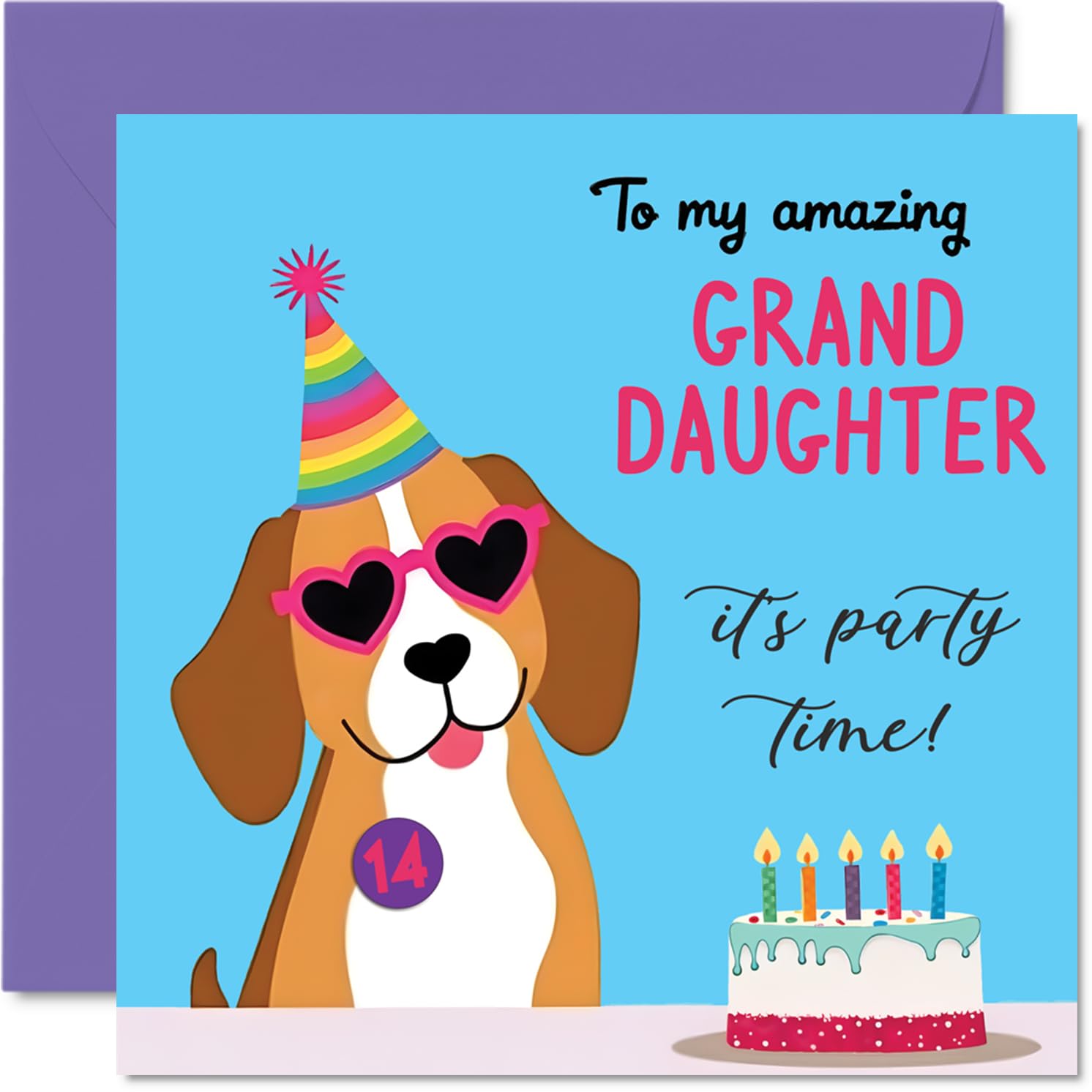 14th Birthday Cards for Girls - Doggy Party - Happy Birthday Card for 14 Year Old Girl Great Niece Granddaughter Niece Daughter, 145mm Bday Greeting Cards
