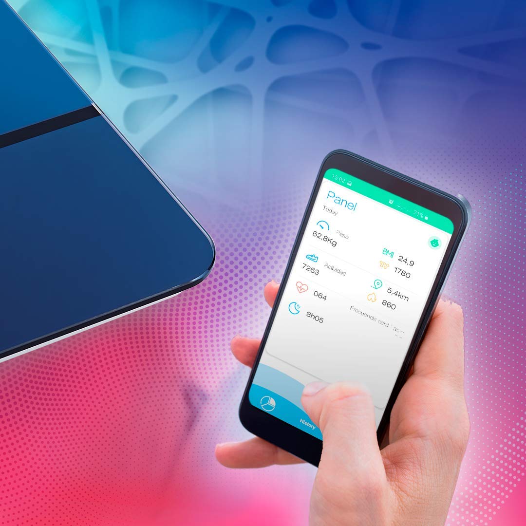 BAXTRAN – Báscula digital con función Bluetooth – Análisis de grasa – Báscula conectada con una aplicación – Diseño elegante – báscula eficaz y robusta