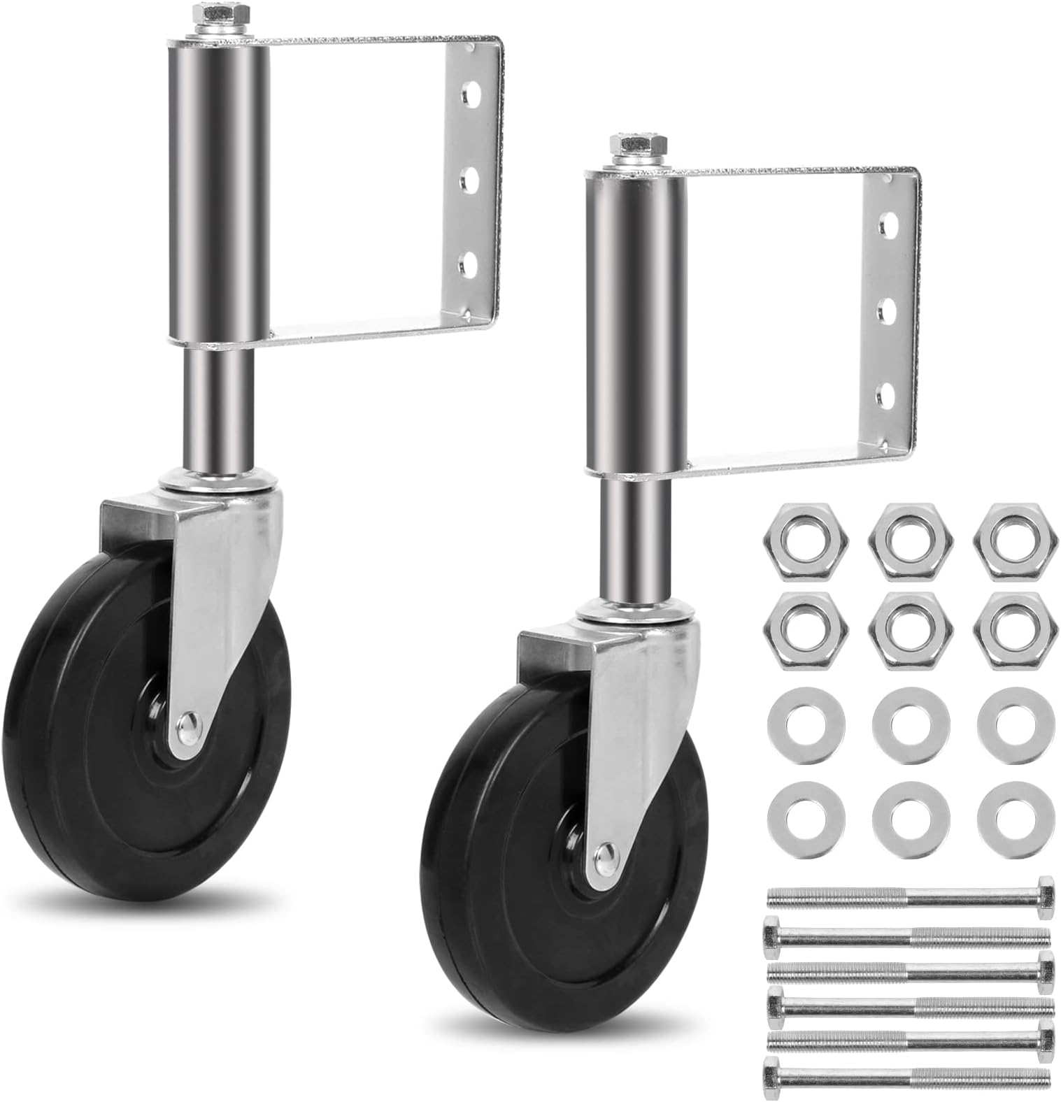 Spring Loaded Gate Caster, Heavy Duty Ageing Resistance Rubber Gate Caster with Universal Mount Plate, 250 Lbs Capacity, 5-Inch Hard Rubber Gate Wheel Suspensio, 2 Pack (2pcs-5Inch-Chrome)