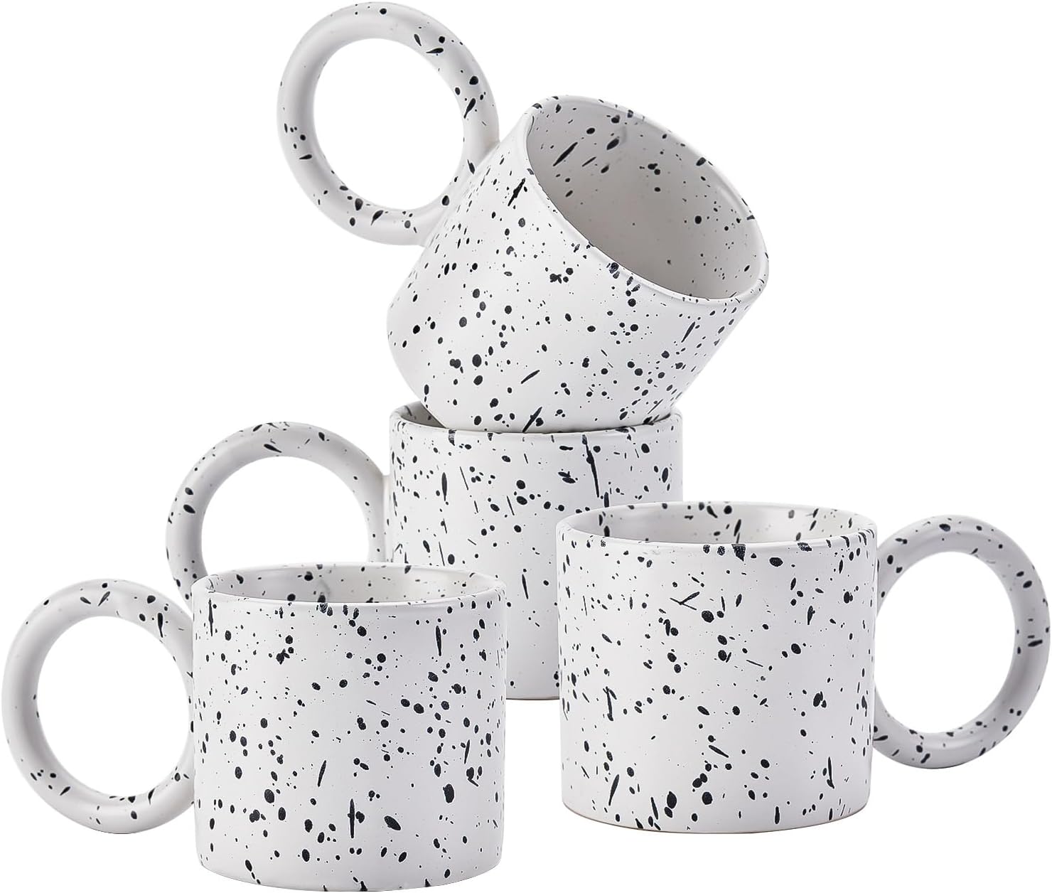 CREATIVELAND Stoneware Coffee Cups with Handle for Latte, Espresso, Cappuccino, Hot Chocolate, Milk - Dishwasher & Microwave Safe (White+Black Spots)
