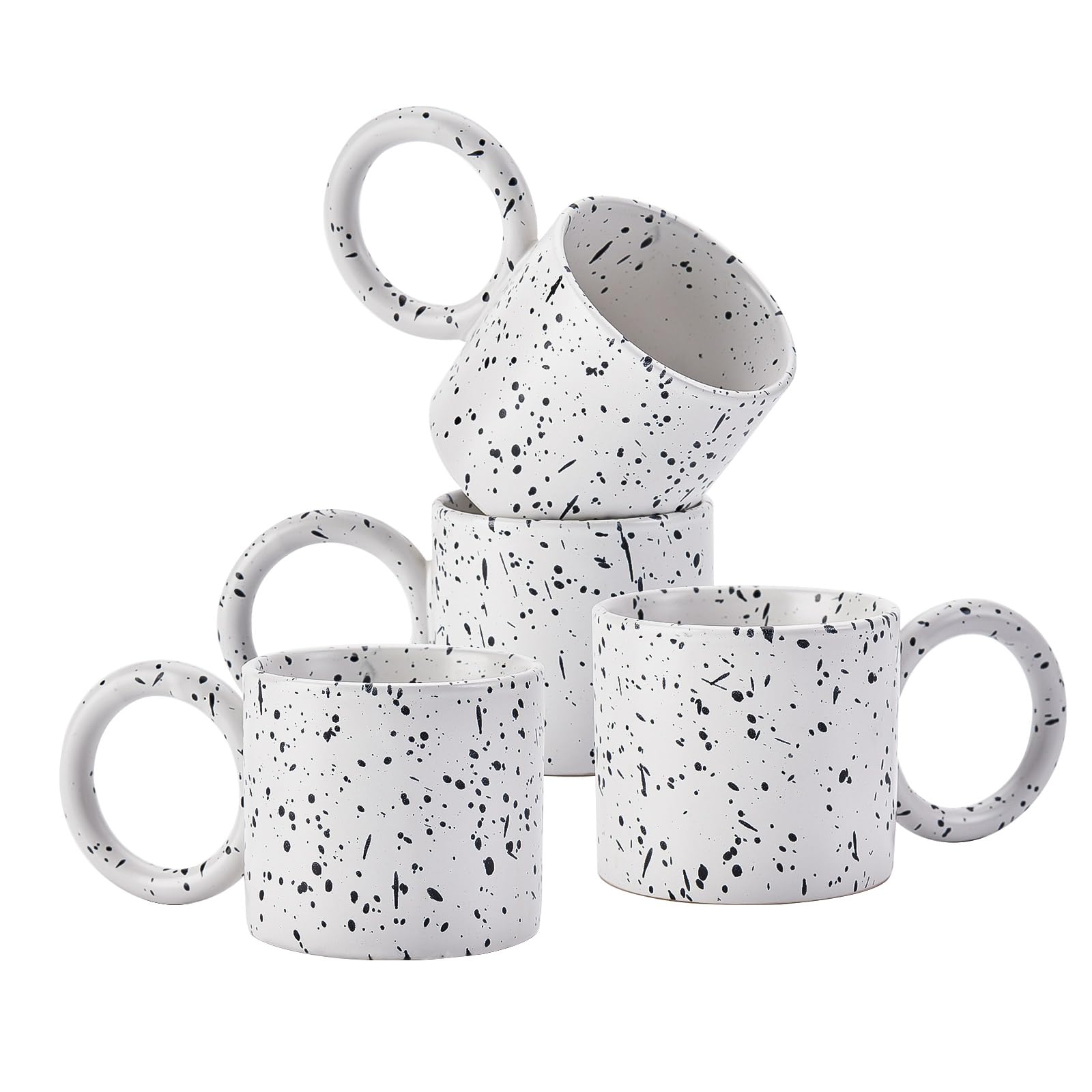 CREATIVELAND Stoneware Coffee Cups with Handle for Latte, Espresso, Cappuccino, Hot Chocolate, Milk - Dishwasher & Microwave Safe (White+Black Spots)