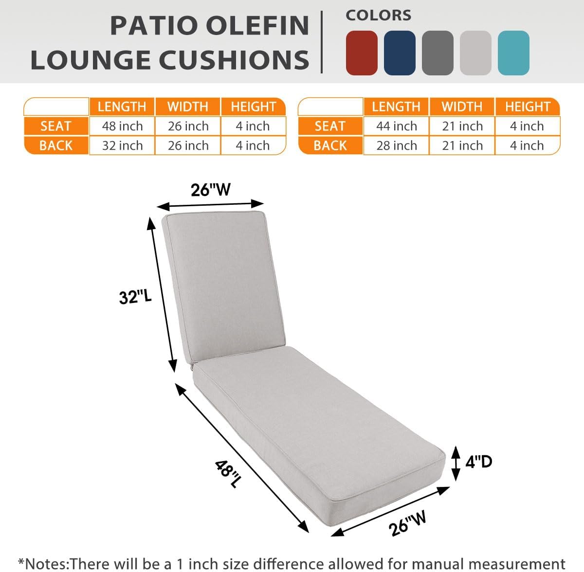 Sundale Outdoor Olefin Chaise Lounge Cushion Set of 2, Water-Resistant Patio Lounge Chair Cushion, Thick Lounger Pad with 4 Straps Light Gray, 80 x 26 x 4 Inches