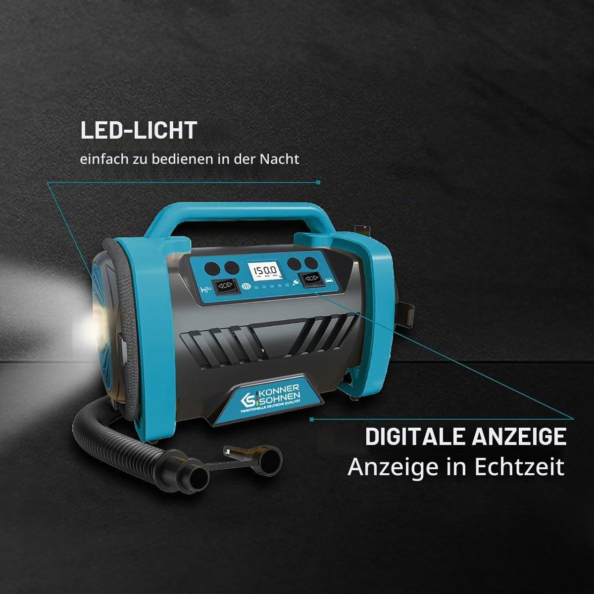 K&S Könner&Söhnen KS P30 Tragbare Elektronische Luftpumpe 12V Luftkompressor 35 l/min,auto kompressor 150 Psi,Hochdruckmodus, Kabellänge 3 m,automatische Abschaltung,Elektrisch Luftkompressor