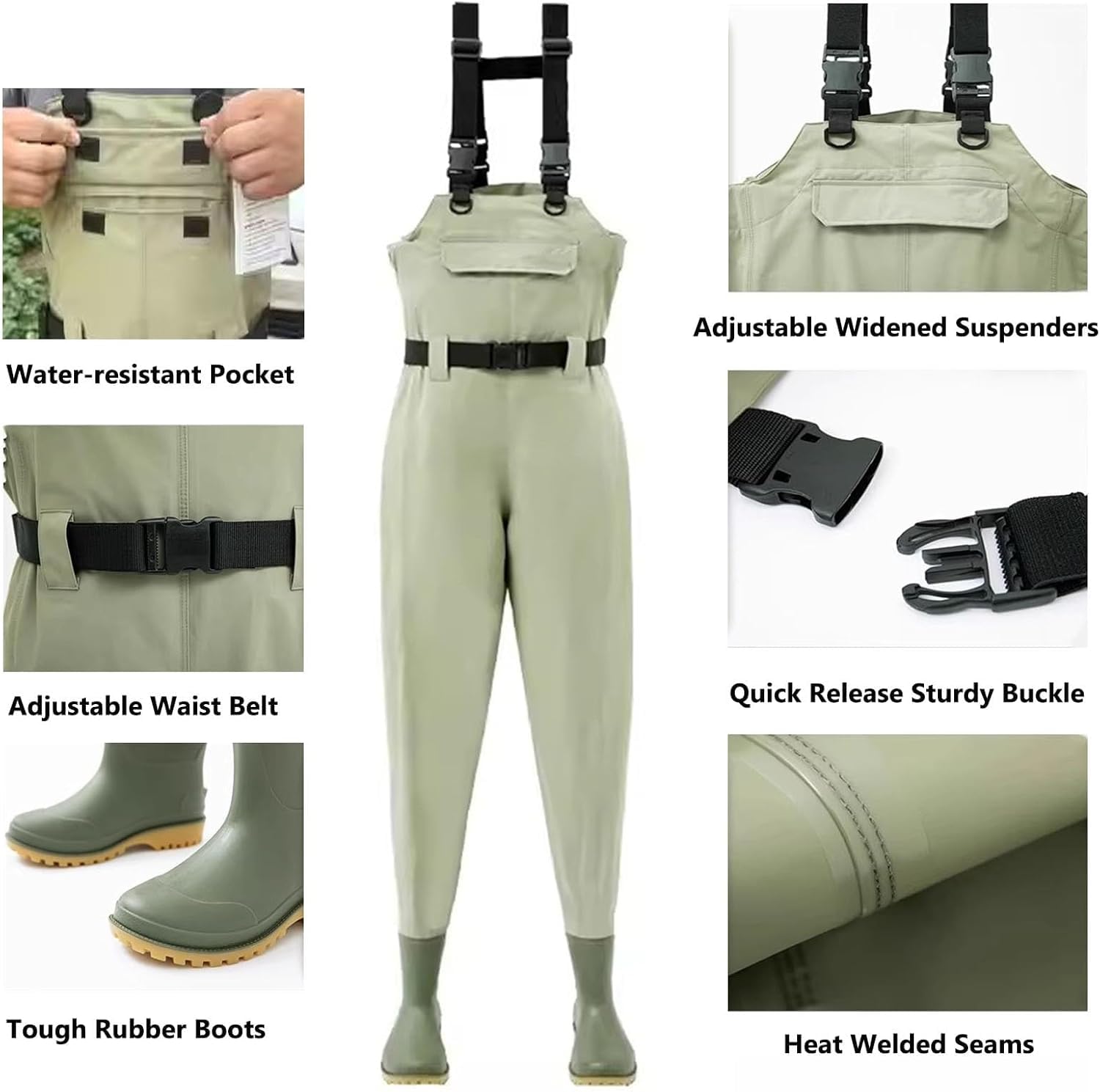 Wodoodporne i wytrzymałe Wodery do wędkarstwa muchowego dla mężczyzn i kobiet, 2-warstwowe spodniobuty z PVC/nylonu do wędkowania i polowań(Green,8)