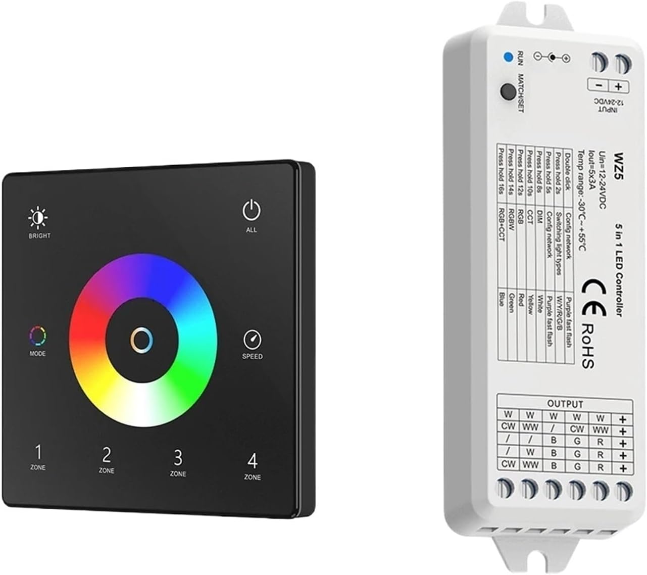 LED Dimmer 5 in 1 LED Controller 4 Zone Touch Panel LED Light Strip Dimmer Kit DC 12V 24V for Indoor Lighting(TW4-4 and WZ5 KIT)
